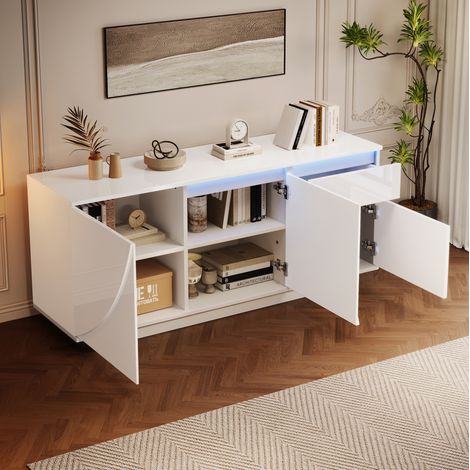 Buffet en MDF blanc 140 x 40 x 60 cm avec 3 portes, 1 tiroir, LED et 2 tablettes réglables (1/5)
