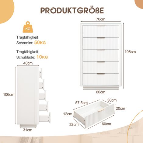 Commode 5 tiroirs, coffre de rangement blanc moderne avec poignées métalliques, meuble de chambre MDF robuste pour salon ou couloir – dispositif anti-bascule inclus (1/5)
