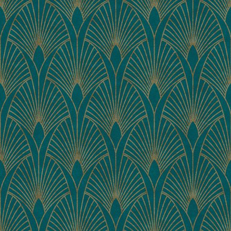 Papier peint art déco bleu canard et or – Tapisserie intissée vinyle 10,05 x 0,53 m – Raccord droit 18 cm pour salon et chambre – Bricoflor (1/5)