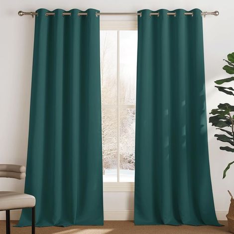 Lot de 2 Rideau Occultant Thermique Isolant Anti Froid et Chaleur 140x220 (lxH) Tenture Opaque à Oeillets Isolation Lumiere Uv Decoration Chambre Maison Salon Intérieurs, Vert Foncé (1/5)