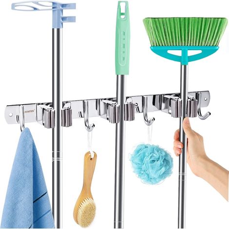 Support mural pour balai et serpillère 40,6 cm - En acier inoxydable - 3 étagères et 4 crochets - Pour salle de bain, cuisine, bureau, placard de jardin