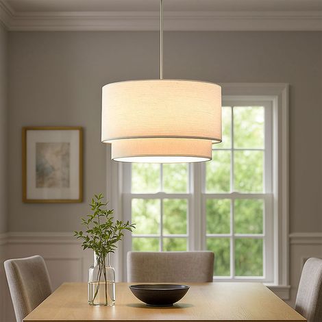 LED Hängelampe Esstischleuchte rund Pendellampe beige Textil Wohnzimmerlampe, Metall Nickel matt, 10,5W 1055lm warmweiß, DxH 40 x 150 cm
