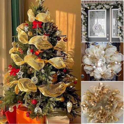 Guirlande De Décoration De Nol, Guirlande d'arbre De Nol, Ruban en Maille De Feuille d'or, 26 Cm X 9,14 M(Feuille Jaune) (1/5)