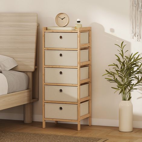 Cómoda con 5 Cajones de Tela Estructura de Bambú Cajonera para Espacios Pequeños Crema y Natural