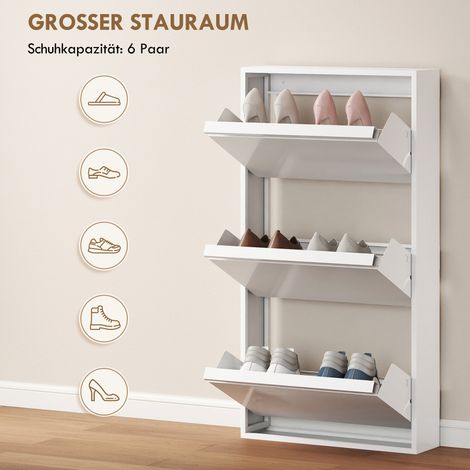 Meuble à chaussures métallique, 3 compartiments rabattables, étroit, mural, pour 6 paires, blanc (1/5)