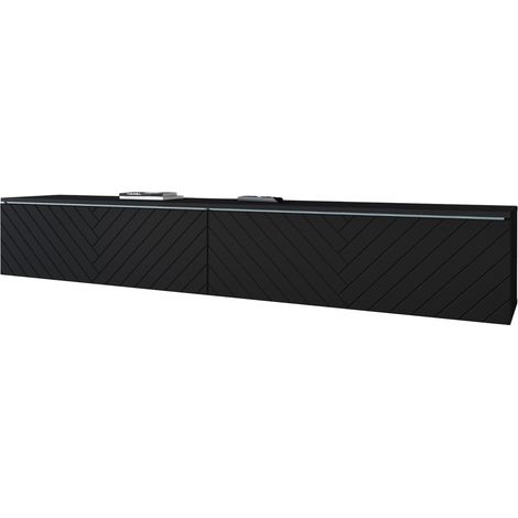 Mobile porta TV da 180 cm per soggiorno, senza maniglie, finitura opaca, frontali in MDF nero con motivo a spina di pesce. (1/5)