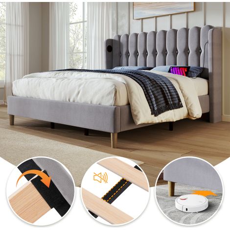 Polsterbett Doppelbett mit USB Type C Chargefunktion, Bettgestell mit Lattenrost, lit rembourré en gris, 180 x 200 cm Bettframe Jugendbett für Schlafzimmer Gästezimmer-Linnenmaterial (1/5)