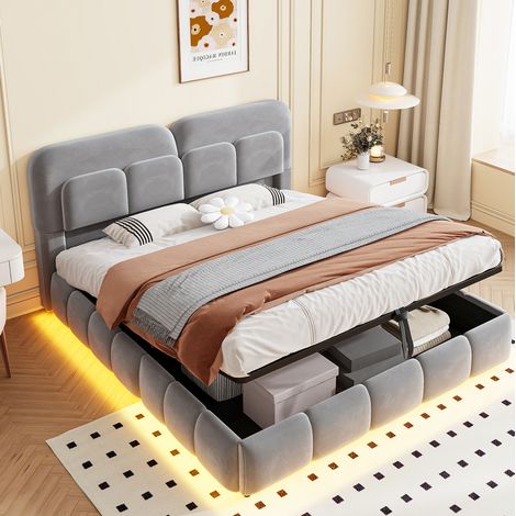 Cama tapizada 221x152x92 cm, con almacenaje hidráulico y tira LED, terciopelo gris (1/5)