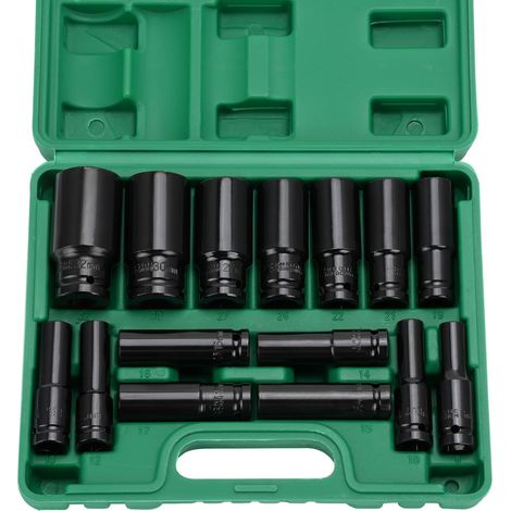 Jeu de 15 douilles à impact 1/2", douilles longues de 8 à 32 mm, adaptateurs pour clés, pour la réparation automobile, le remplacement de pneus et la réparation d'appareils électroménagers.