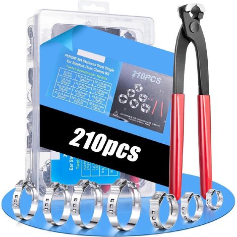 Kit d'assortiment de pinces de tuyau d'oreille unique en acier inoxydable210PCS 304-12tailles(6-36,1 mm)Pinces à cinche réglables sans pas avec outil de pince pour l'automobile,la plomberie,le jardin