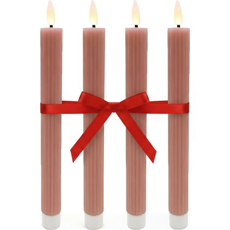 Relaxdays Candele LED bastoncino, set 4, 25 x 2 cm, fiamma tremolante, vera cera, scanalature, senza fiamma, rosa antico