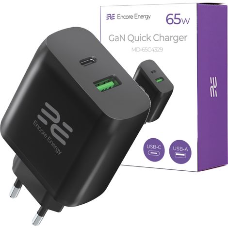Nouveau chargeur mural GaN 65 W USB-A + USB-C QC PD Encore Energy MD-65C4329 (1/5)