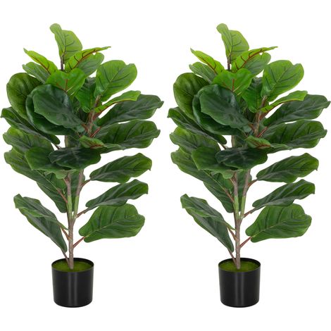 Set mit 2 künstlichen Feigenbäumen, 80 cm hoch, Zimmerpflanzen mit Kunststofftopf und grünem Laub