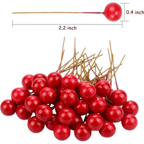 100 baies de houx artificielles de 10 mm en plastique, montées sur fil de fer, pour décorer un sapin de Noël, réaliser des guirlandes et des couronnes de fleurs, et créer des décorations à faire soi-m (1/5)