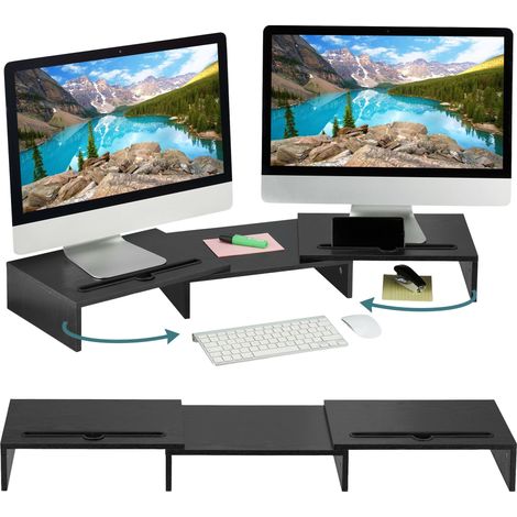 Relaxdays Dual Monitor Stand, Adjustable, Ergonomic, Screen Viewing Elevation for the Desk, Space Organiser, Black (1/5)