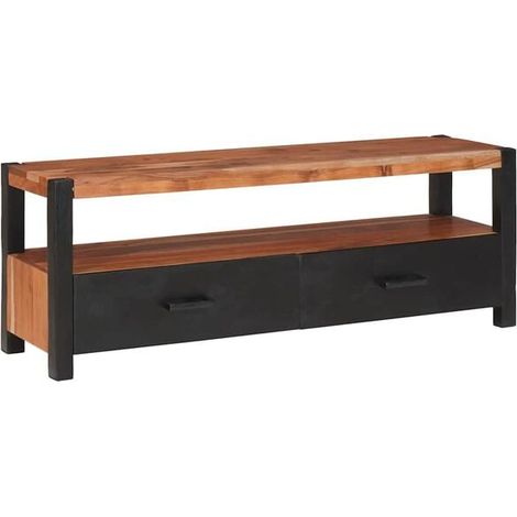Meuble TV en Bois Massif d'Acacia, Style Moderne 110 x 30 x 40 cm, Console Basse de Rangement avec Étagères, Couleur Marron, pour Salon (1/5)
