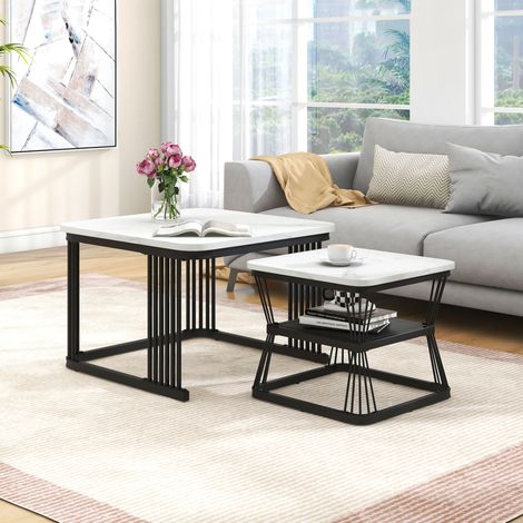 Set di 2 tavolini quadrati sovrapponibili, 65x65x45 cm e 45x45x39,5 cm, struttura in metallo nero, bianchi (1/5)