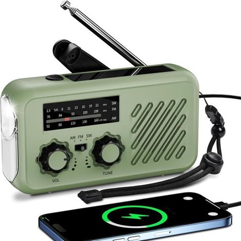 Radio portátil de emergencia, radio AM/FM/SW a pilas, radio recargable solar con manivela y alarma SOS, batería externa de 2000 mAh, linterna y luz de lectura LED.