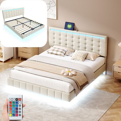 Letto Matrimoniale 160x200 cm, con Illuminazione LED, Carica USB, Rete a Doghe in Legno, Struttura in Metallo, Letto Trapuntato in Lino - Beige