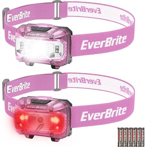 Lampe Frontale avec 3 Lumières Blanche, Rouge et Verte, 300 LM, 5 Modes d'Eclairage, Torche Frontale Réglable pour Pêche, Camping, Lecture, Randonnée, 6 Piles AAA Incluses (Rose) (1/5)