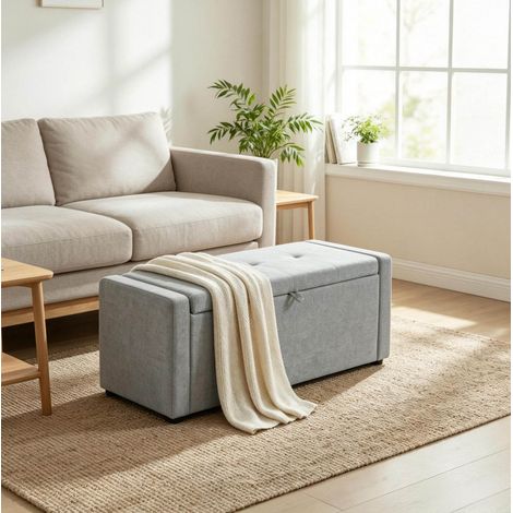 Banc de rangement 122x48x44 cm en tissu lin gris clair, avec rangement, pour chambre FloraGrace (1/5)