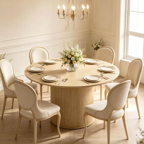 Mesa de comedor redonda (120x120x75 cm), base cilíndrica acanalada, superficie melamínica, MDF y aglomerado, natural (1/5)