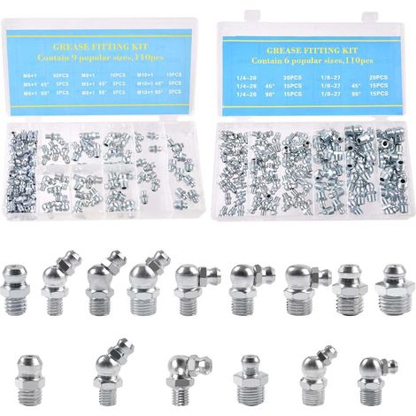 220 PCS SAE & Metric Assortiment de graisseurs, Graisse hydraulique Raccord de Mamelon Zerk 1/4 » 1/8 » M6 M8 M10 Droit 45° 90° degrés, Acier galvanisé (1/5)