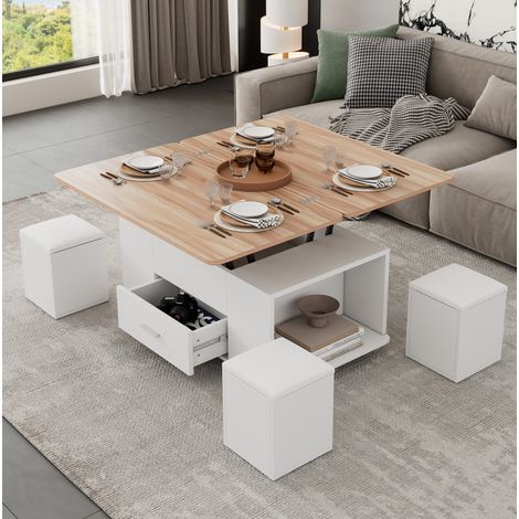 Table basse relevable multifonction 100 x 50 x 45 cm avec 4 tabourets, blanc et bois DESVIAE (1/5)