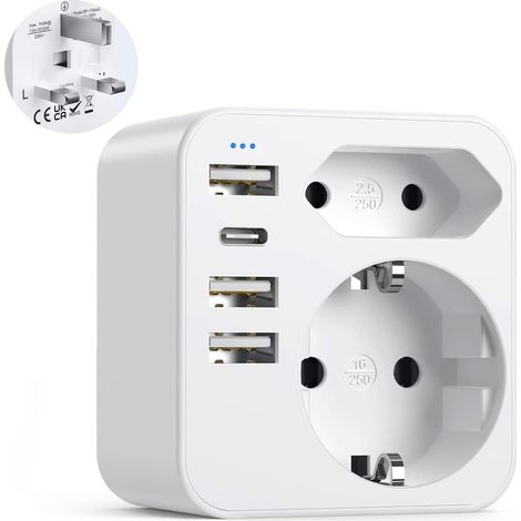 6 en 1 Prise Anglaise avec 3 Ports USB et 1 Type C (3,4A) et 2 Prises,Adaptateur Type G France vers UK pour Angleterre,Irlande, Écosse,Dubai (1/5)
