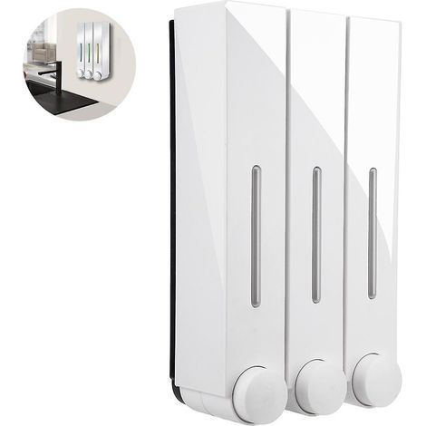Distribuidor y organizador de dispensador de ducha de pared de 3 cabezales para baño - Contiene champú, jabón, acondicionador, gel de ducha, loción - Compartimentos transparentes, pulsador (blanco) (1/5)