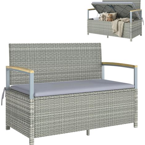 Banc de Jardin Banquette avec Coffre de Rangement 170L 2 Places Coussin Déhoussable Résine Tressée 120x60x84cm Gris