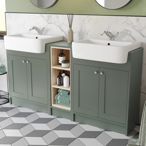 Traditional Double Vanity Basin Unit & Shelving Bathroom Furniture Green (1/5)