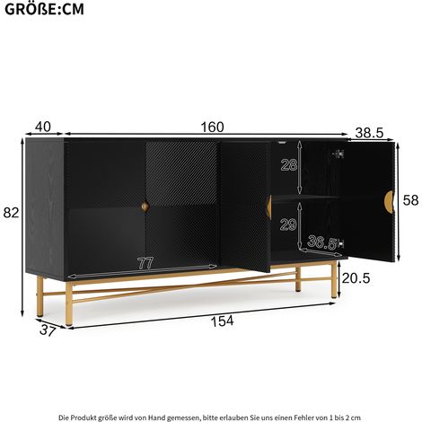Meuble buffet à texture relevée 160cm, armoire à quatre portes avec poignées dorées brossées et pieds laqués brillants, noir, 160×40×82cm (1/5)