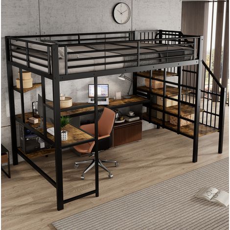 Lit mezzanine 120x200 avec bureau et prise de charge, noir et bois foncé OKMYHOME (1/5)