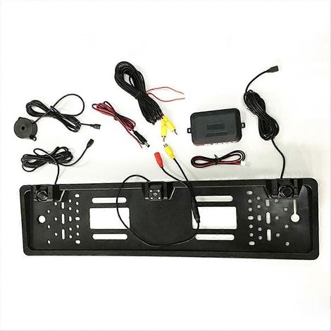 Cámara de visión trasera para coche de 12 V con 4 LED y sensor de radar para aparcamiento, soporte para matrícula europea, marco Uni (1/5)