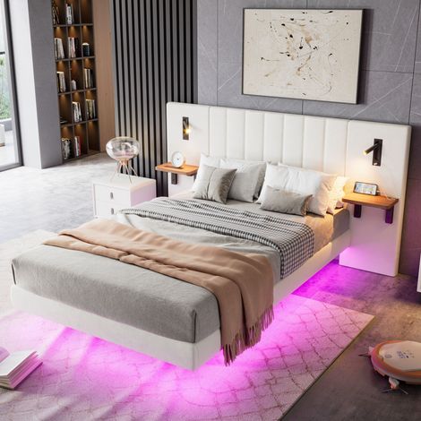 Upholstered 4ft6 Double Bed with Storage Headboard,Charging Socket,and LED Lights,Velvet&Iron,White (1/5)