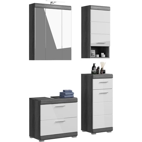 Badezimmermöbel Set 4-teilig modern in Hochglanz weiß mit grau SIROCO-158 (1/5)