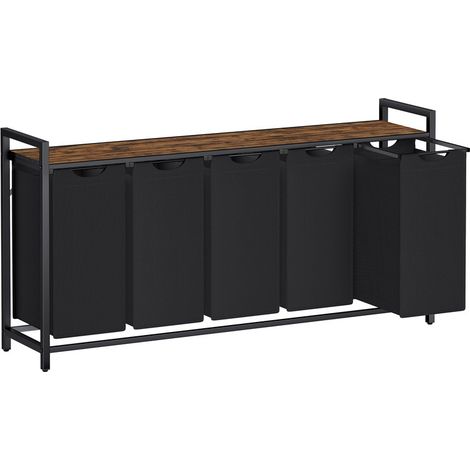 Panier à Linge 5 Compartiments, Corbeille à Linge Sale, 5 Sacs Amovibles en Tissu Oxford, Étagère, Cadre en Métal, 5 x 40 L, 143,5 x 33 x 72 cm, Noir d'Encre et Marron Rustique (1/5)