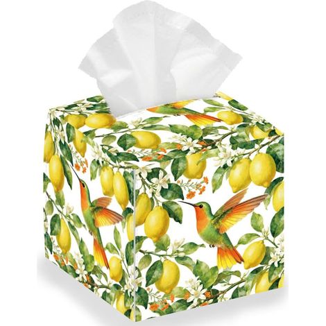 Boîte de rangement carrée pour mouchoirs avec motif colibri et fleurs de citron - En cuir imperméable - Pour chambre à coucher, bureau, voiture - 13 x 13 x 13 cm (1/5)