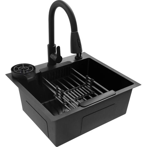 Fregadero de cocina con grifo extraíble giratorio de 360°, fregadero multifuncional de 50 x 45 cm con enjuagador de vasos + cesta de drenaje + dispensador de jabón, Para cocinas, restaurantes, cafeter