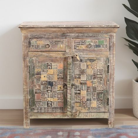 Petit bahut en bois recyclé coloré blanchi 80cm LILA - 80x40x90 cm - Kayu Meuble (1/2)