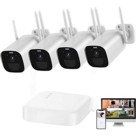 Caméra de sécurité à domicile 3MP Bullet Caméra IP sans fil HD CCTV 4CH Kits de système de sécurité Paire automatique Construit en 5200mAh Surveillance vidéo Plug & Play ( Size : 4 Cams Add G4R ) (1/5)