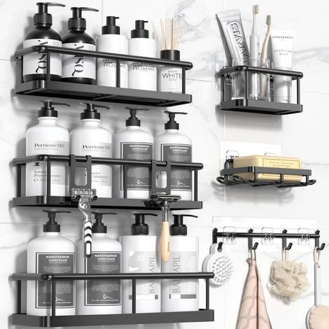 organisateur de douche 100 % antirouille avec porte-savon, lot de 6 étagères de douche grande capacité pour l'intérieur de la douche, rangements et accessoires de salle de bain sans perçage pour la cu (1/5)