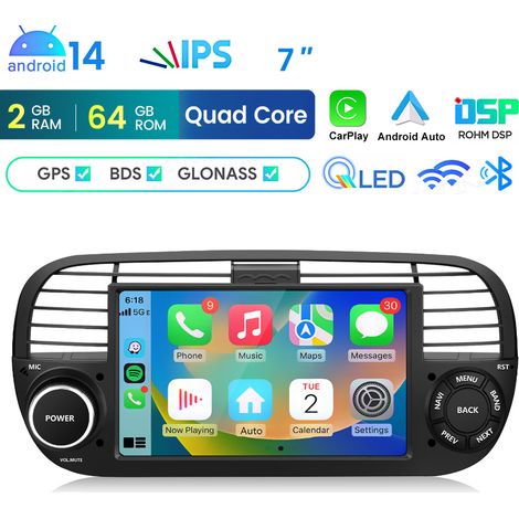Hexinex Autoradio Android 14 CarPlay 2+64 Go pour Fiat 500 2007-2015 WIFI