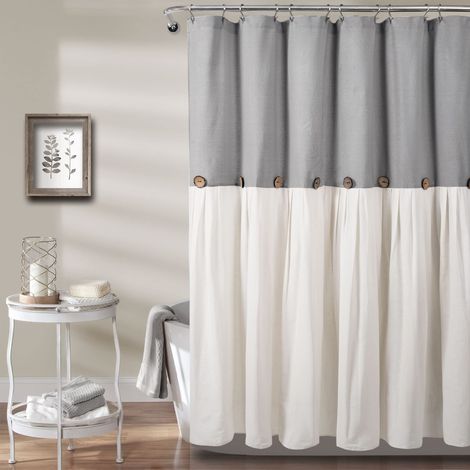 Rideau de Douche à Boutons en Lin, 183 x 183 cm, Gris et Blanc (1/5)