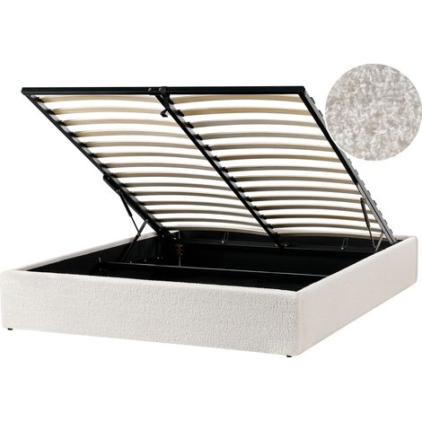 Cama con almacenaje moderna sin cabecero tapizada de bouclé blanco crema 160 x 200 cm Dinan (1/5)
