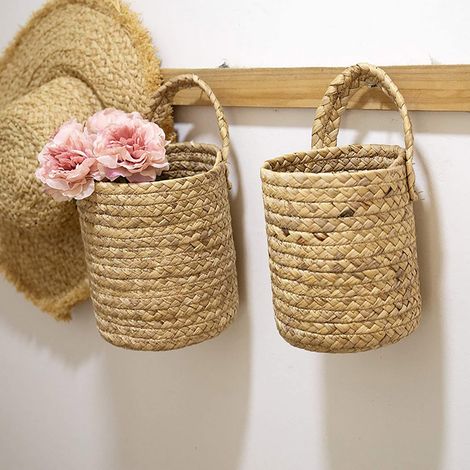 Panier Accroche-Mur - Tissé En Herbe - Pour Plantes Fleurs Ou Rangement - Style Vintage - Usage Intérieur Extérieur - 1 Pièce