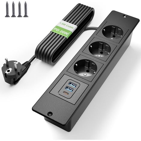 Prise Encastrable de Table USB C PD 20W, Multiprise Encastrable 3 Prises, Prise de Table, Multiprise pour Meuble ou Plan de Travail, Câble 1,8m, Noir (1/5)