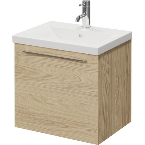 Napoli 390 Light Oak 500mm Wall Mounted Single Drawer Vanity Unit with Glide Basin - 500mm - Chrome 320mm Handle