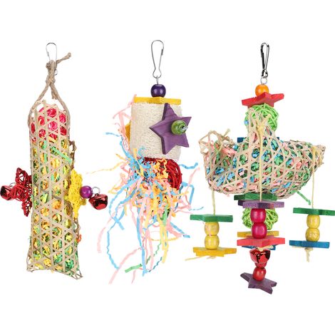 Lot de 3 jouets à suspendre pour oiseaux en rotin et papier, avec crochet, pour perroquets. Accessoires pour mâcher et mordiller. (1/5)